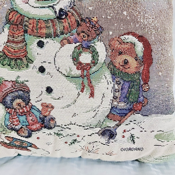 Vintage Riverdale Tapestry Throw Pillow Christmas Snowman Teddy Bears 16x16 - Picture 3 of 7